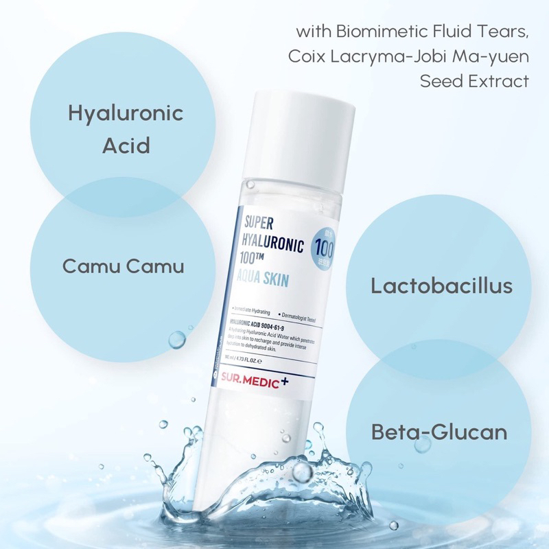 Nước hoa hồng cấp nước sâu cho da căng mọng SUR.MEDIC Super Hyaluronic 100tm Aqua Skin 140ml