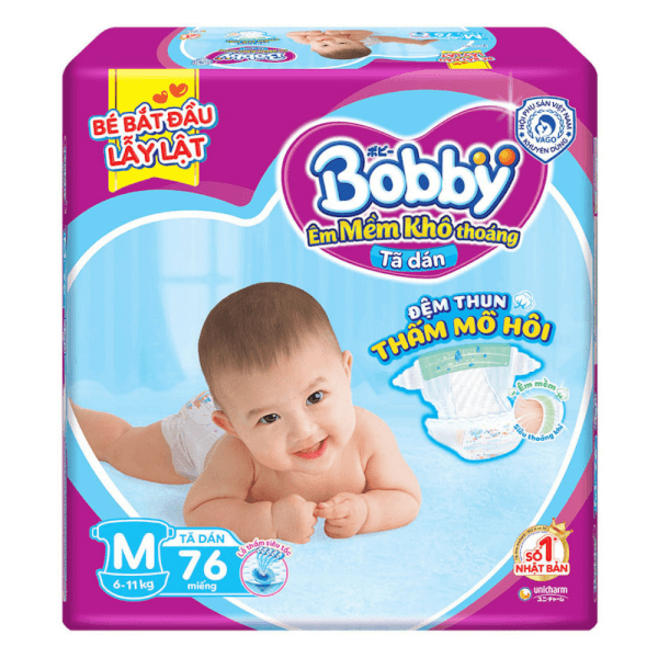Tã dán Bobby siêu thấm - khô thoáng M76 (M, 6-10kg, 76 miếng)