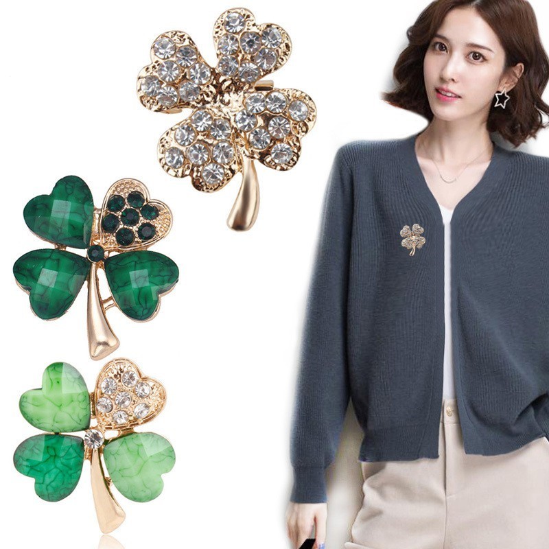Ghim Cài Áo Đính Đá Hình Cỏ 4 Lá May Mắn, Kiểu Dáng Đáng Iu Cho Bạn Gái