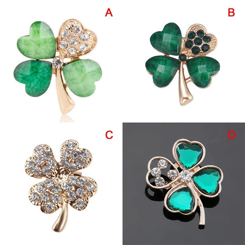 Ghim Cài Áo Đính Đá Hình Cỏ 4 Lá May Mắn, Kiểu Dáng Đáng Iu Cho Bạn Gái