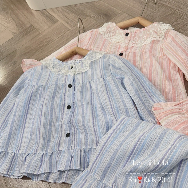 Bộ đồ ngủ Pyjama viền bèo phối ren cao cấp kẻ sọc phong cách tiểu thư màu pastel