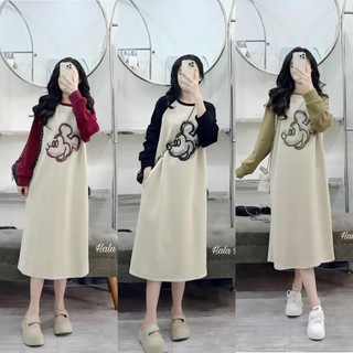 Váy thu đông , đầm dài tay in micky tay pha chất da cá PE dày dặn xẻ chân cổ tròn dáng dài thời trang