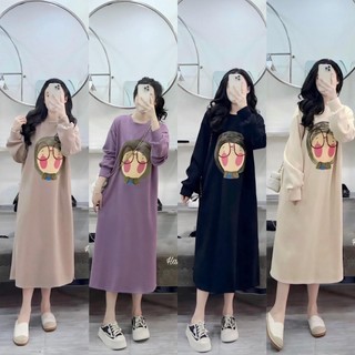 Váy thu đông , đầm dài tay in cô gái đeo kính chất da cá PE dày dặn xẻ chân cổ tròn dáng dài thời trang