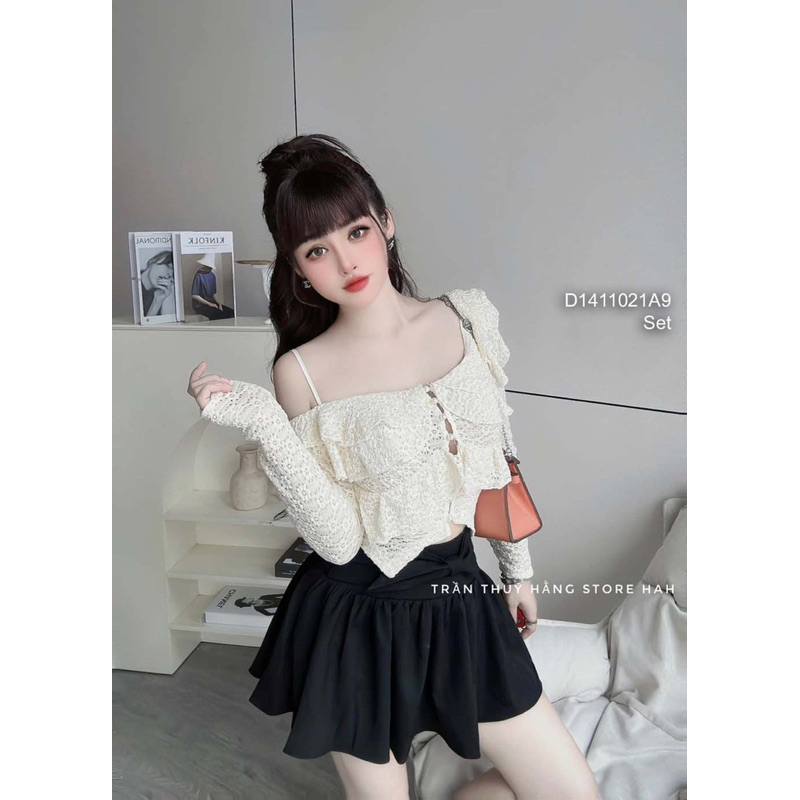 Set áo ren bèo tầng croptop khuy ngọc phối 1s vai tay dài + chân váy xòe ngắn có lót 1123 thaotranshop90 [kèm ảnh thật]