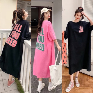 Đầm suông, váy thun in chữ all need you xẻ chân dáng dài cổ tròn tay ngắn thời trang hai màu