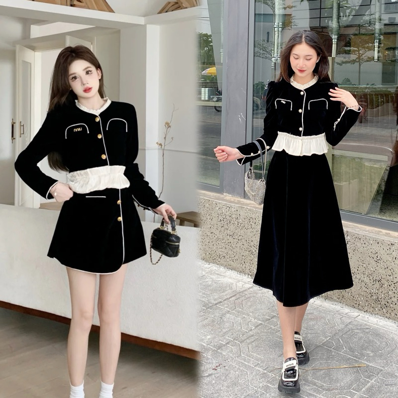 Set áo váy nhung phối tơ bèo thiết kế có kèm tag đá , áo tay dài + chân váy ngắn chữ A sang chảnh V005