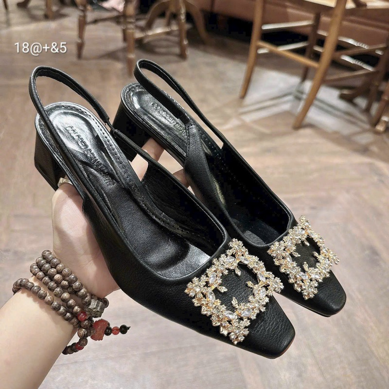 Giày cao gót vuông 5 phân mũi đính khoá đá thời trang siêu đẹp