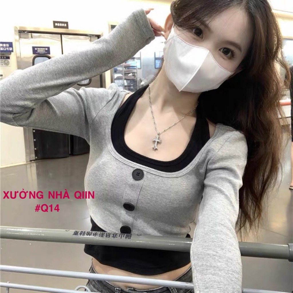 Set Áo Croptop Tay Dài Cổ Chữ U kèm Áo Yếm Bên Trong Mang Phong Cách Sexy Đường Phố #A14