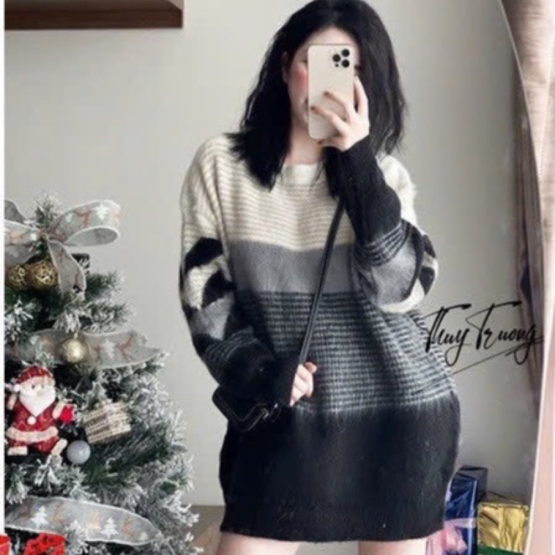 Áo len lông nữ màu xám chữ X of whi.te form to dáng giấu quần hàng Qc
