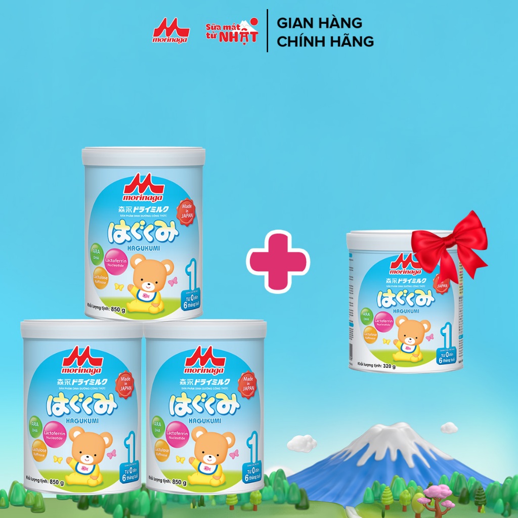 [Mua 3 tặng 1 nhỏ] Combo 3 Lon Sữa Morinaga Hagukumi Số 1 Nhật Bản 850g/ hộp tăng đề kháng tốt, tiêu hóa khỏe