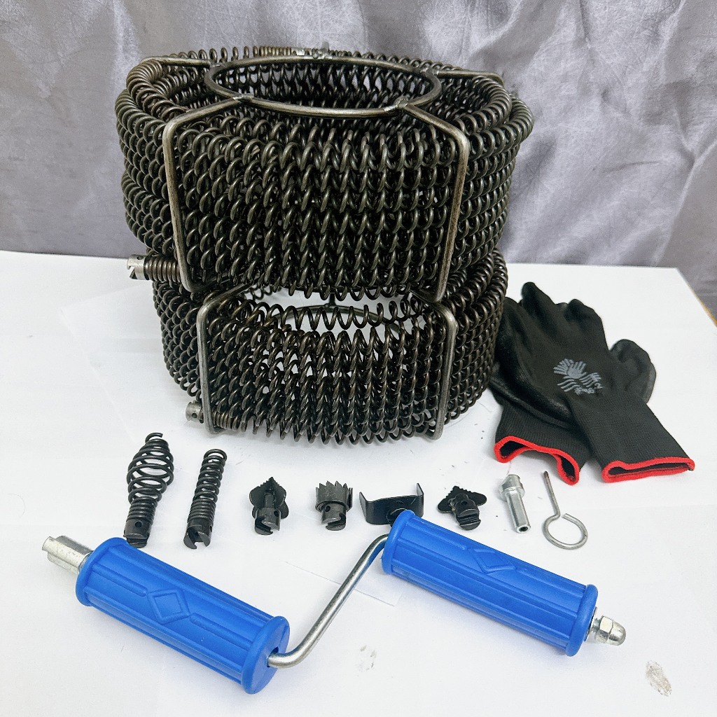 Bộ sản phẩm dây thông cống phi 16 ( bao gồm dây lò xo phi 16 + 6 đầu thông + 1 đầu kết nối + 1 tay quay )
