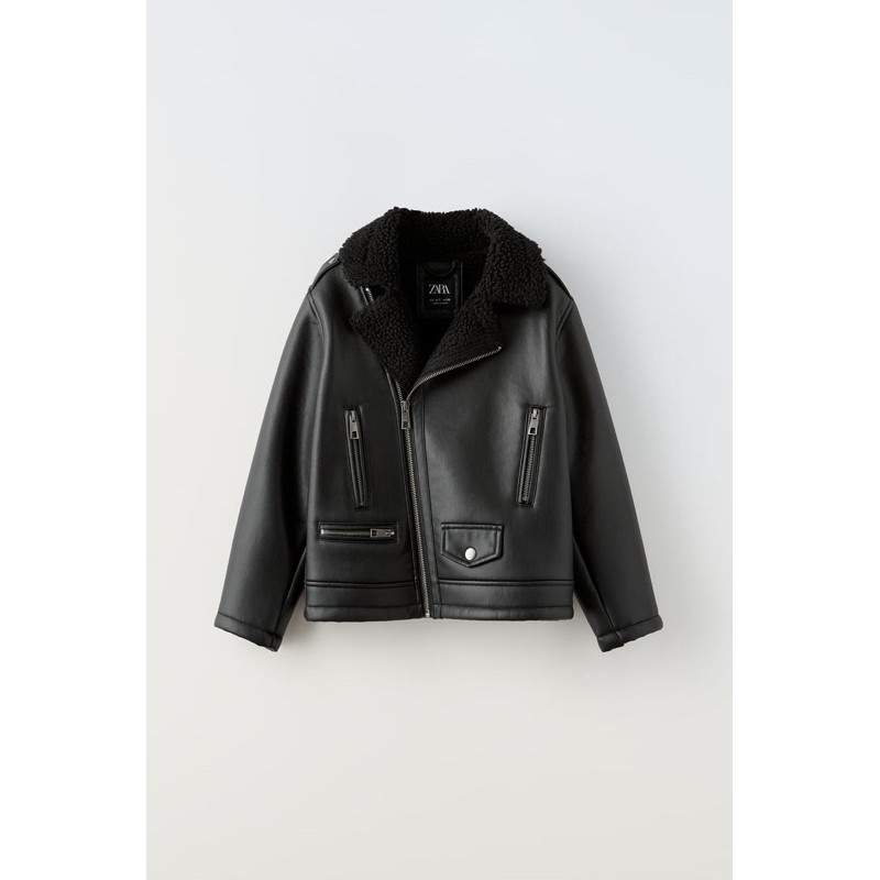 Áo Khoác Da Bé Trai Cổ Lật Lót Cừu Đen Biker ZR