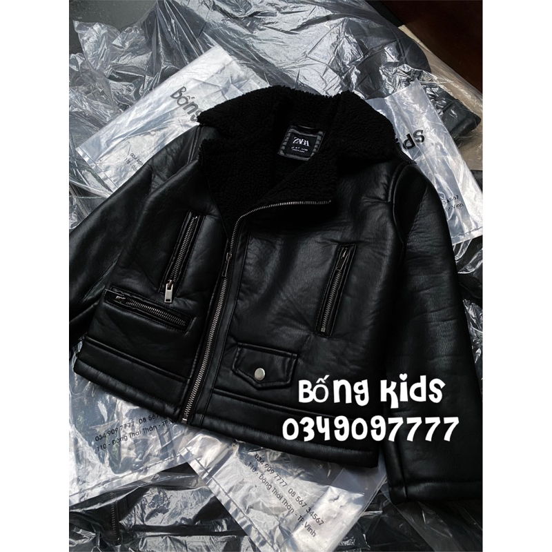 Áo Khoác Da Bé Trai Cổ Lật Lót Cừu Đen Biker ZR