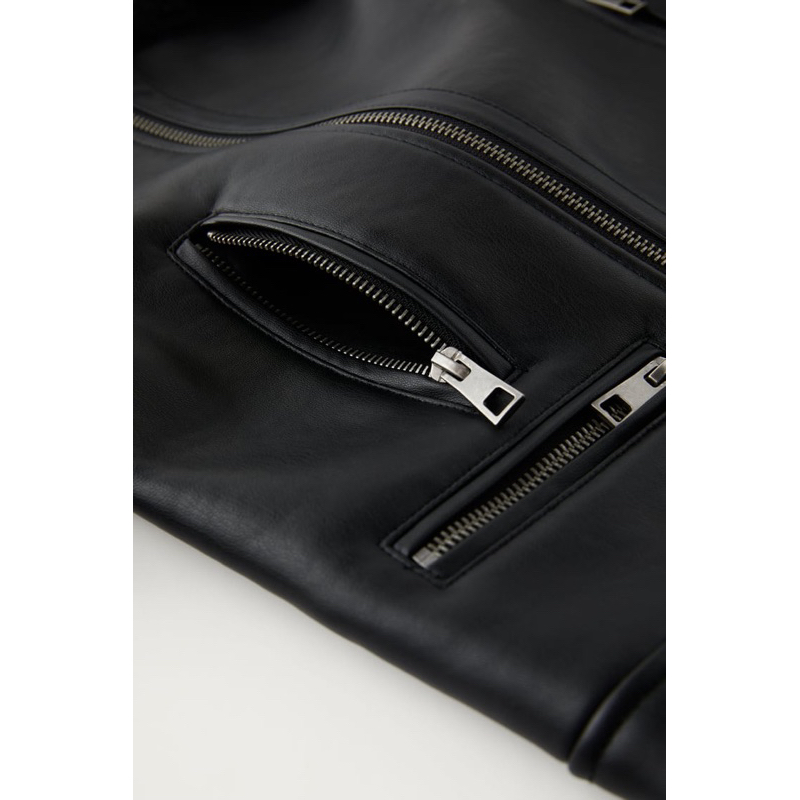 Áo Khoác Da Bé Trai Cổ Lật Lót Cừu Đen Biker ZR