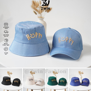 Nón lưỡi trai và mũ bucket cặp - Mũ couple đội đôi thêu Happy chất vải nhung jean form unisex nam nữ N137