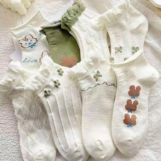 Set 5 đôi vớ tất cotton cổ thấp phối ren mầu xanh trắng