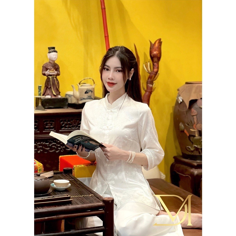 Bộ lam đi chùa cách tân voan cổ tàu vạt đứng phối màu cúc tết - Aó Lẻ Pháp Phục Tịnh Tâm