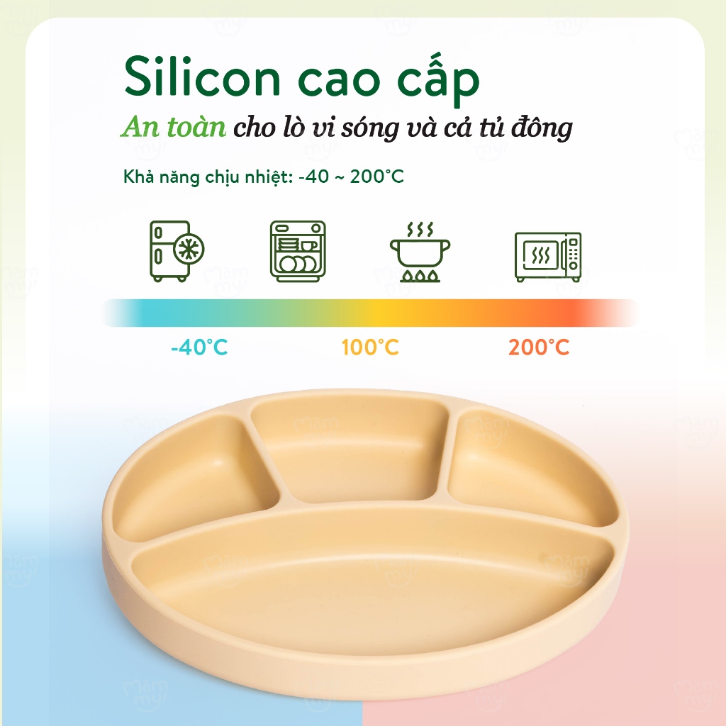 Khay ăn dặm silicon 4 ngăn Mămmy cao cấp  Yummy Food Tray với đế hít chắc chắn, kháng khuẩn, chống mốc dành riêng cho bé