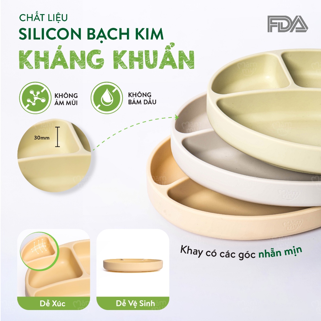 Khay ăn dặm silicon 4 ngăn Mămmy cao cấp  Yummy Food Tray với đế hít chắc chắn, kháng khuẩn, chống mốc dành riêng cho bé