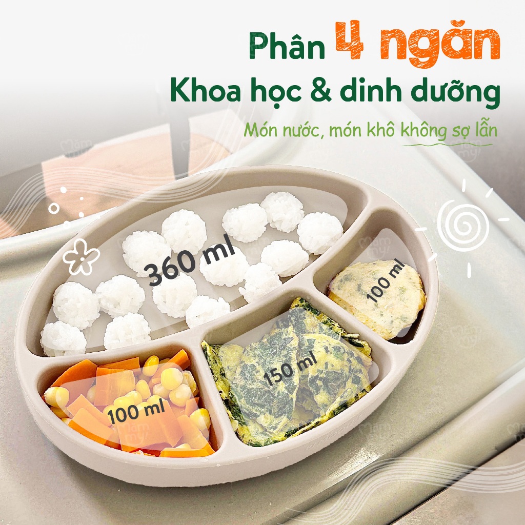 Khay ăn dặm silicon 4 ngăn Mămmy cao cấp  Yummy Food Tray với đế hít chắc chắn, kháng khuẩn, chống mốc dành riêng cho bé