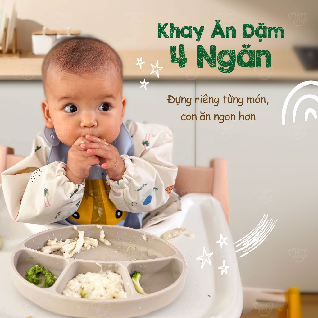 Khay ăn dặm silicon 4 ngăn Mămmy cao cấp  Yummy Food Tray với đế hít chắc chắn, kháng khuẩn, chống mốc dành riêng cho bé