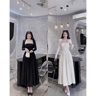 Set váy nữ đi chơi, đầm cúp ngực dáng dài xoè rộng mix kèm áo khoác tay dài chất thun tăm lạnh