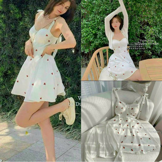 Set váy nữ đi chơi, đầm 2 dây cột nơ vai chất Lụa ý in chery kèm áo khoác tay dài xinh xắn