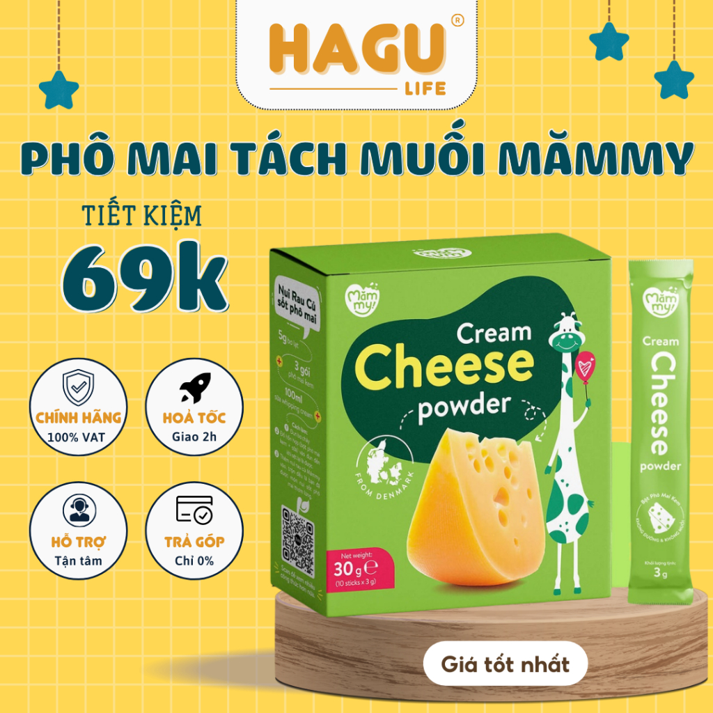Phô mai tách muối Mămmy dạng bột rắc cơm, cháo cho bé ăn dặm, hộp 10 ống