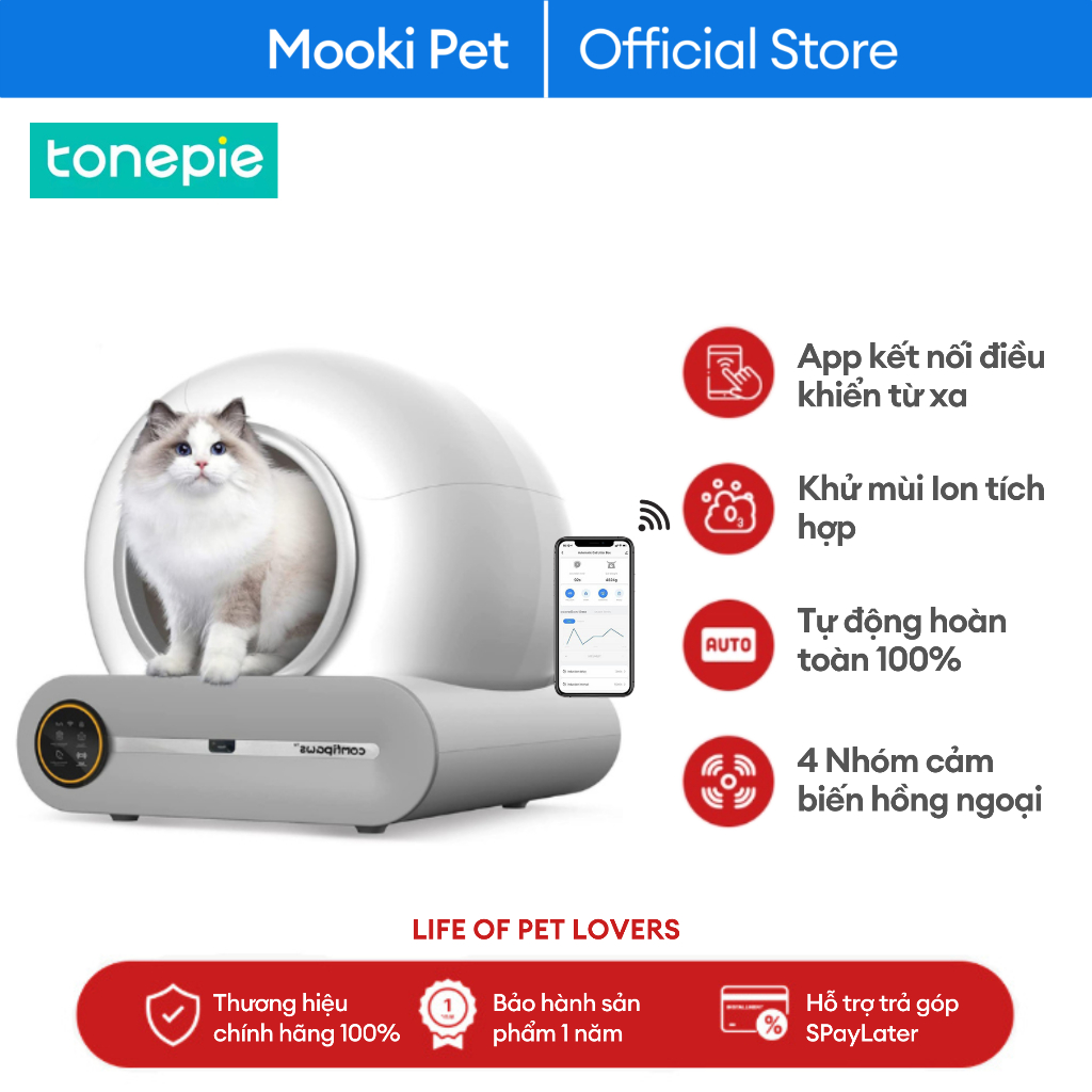 Máy dọn phân mèo tự động điều khiển bằng Apps kết nối Wifi thông minh Tonipi pro bản cao cấp Mookipet