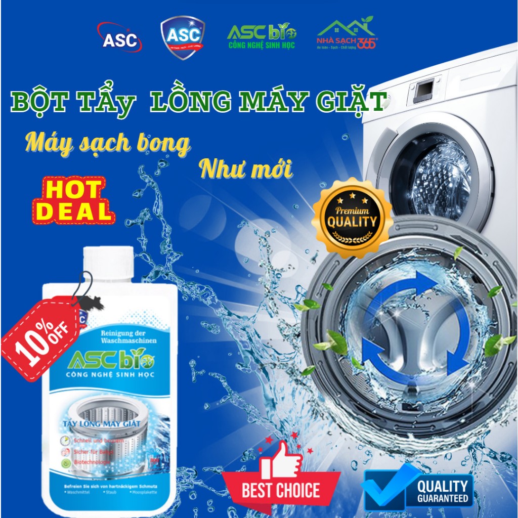 Tẩy lồng máy giặt ASC, Bột vệ sinh máy giặt giúp làm sạch và Loại bỏ cặn bẩn lồng máy giặt Hộp 300g