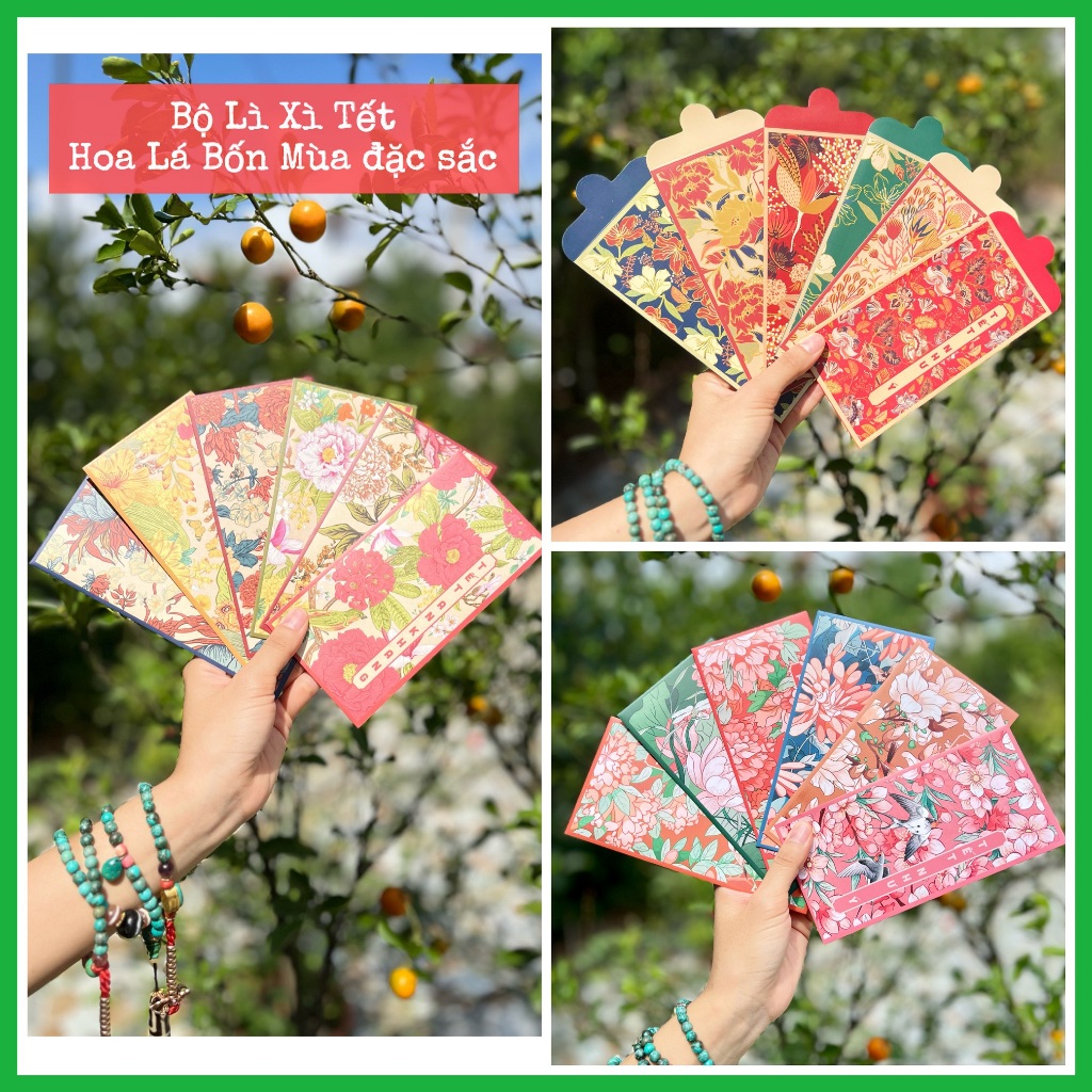 Sét 12 Bao Lì Xì Tết thiết kế đặc sắc - Hình Hoa Lá Bốn Mùa - Giấy C150 cán mờ in sắc nét