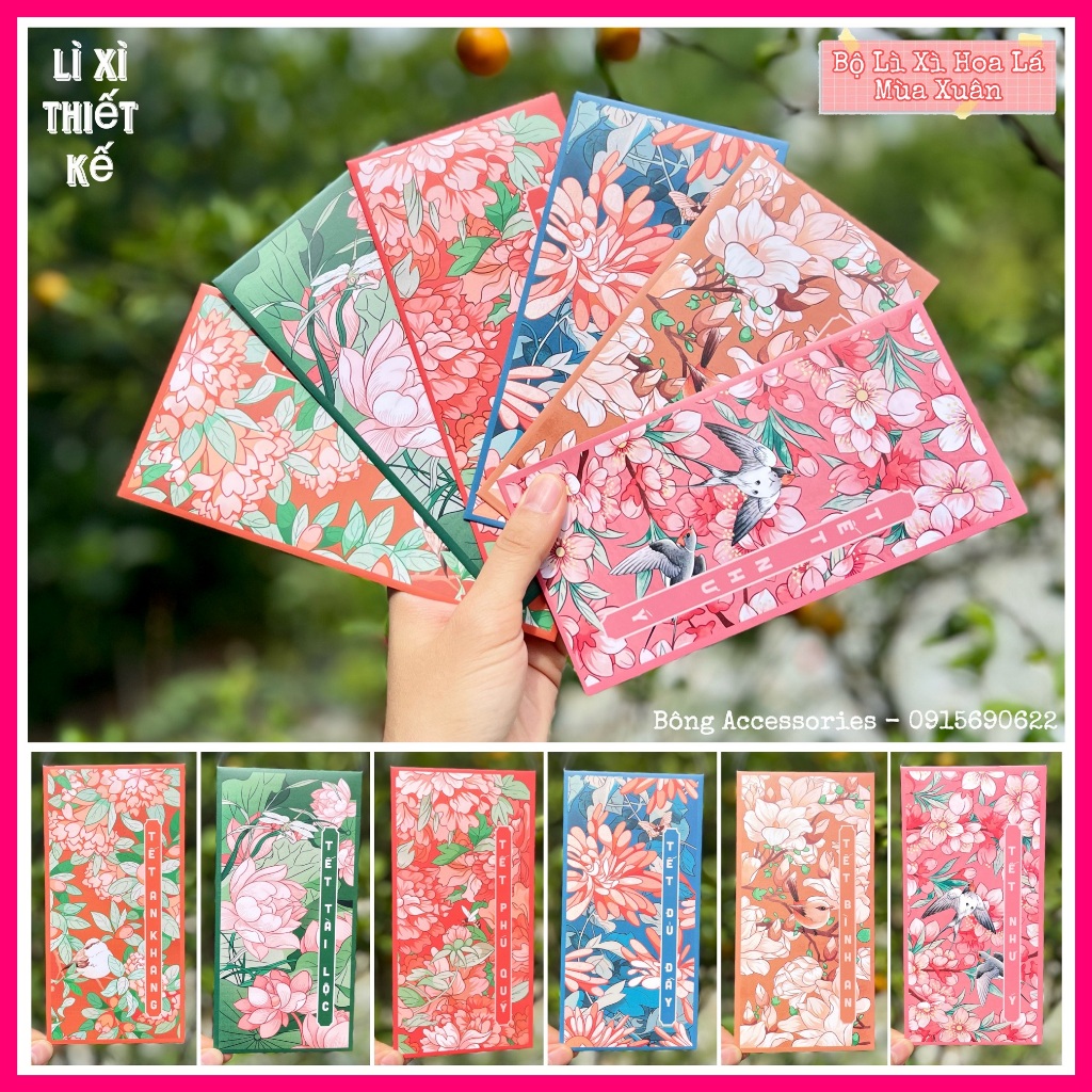 Sét 12 Bao Lì Xì Tết thiết kế đặc sắc - Hình Hoa Lá Bốn Mùa - Giấy C150 cán mờ in sắc nét