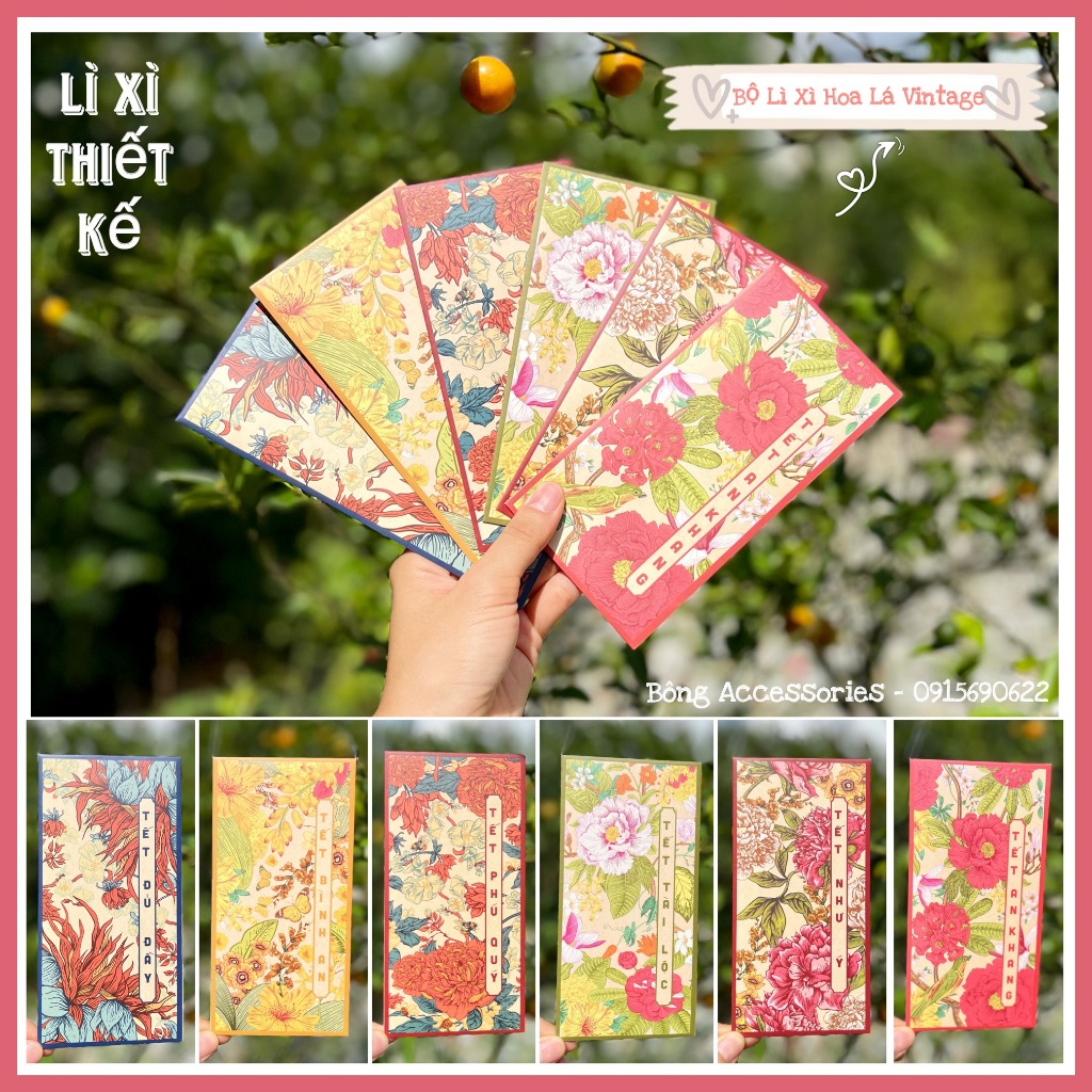 Sét 12 Bao Lì Xì Tết thiết kế đặc sắc - Hình Hoa Lá Bốn Mùa - Giấy C150 cán mờ in sắc nét