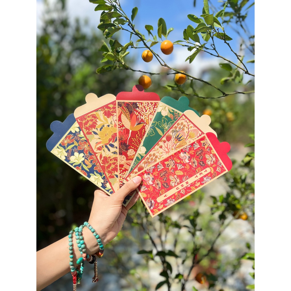 Sét 12 Bao Lì Xì Tết thiết kế đặc sắc - Hình Hoa Lá Bốn Mùa - Giấy C150 cán mờ in sắc nét