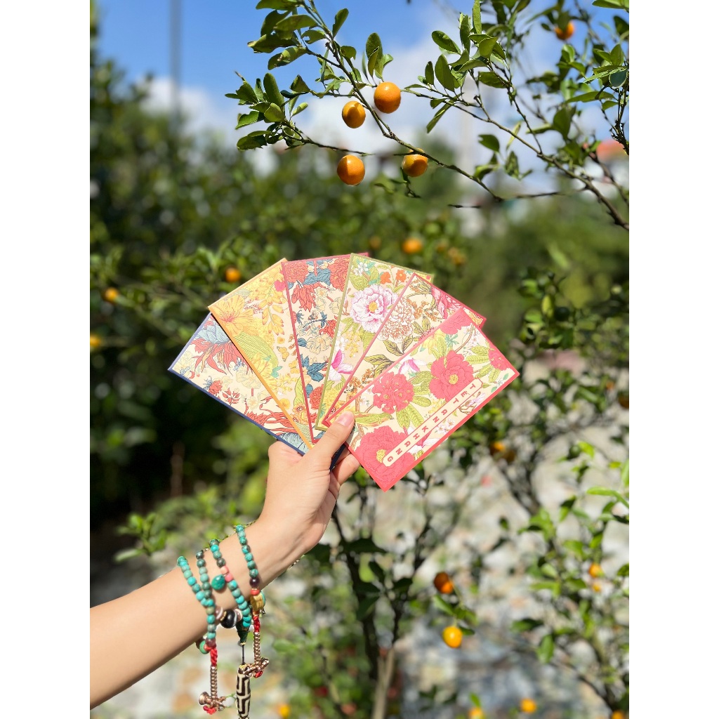 Sét 12 Bao Lì Xì Tết thiết kế đặc sắc - Hình Hoa Lá Bốn Mùa - Giấy C150 cán mờ in sắc nét