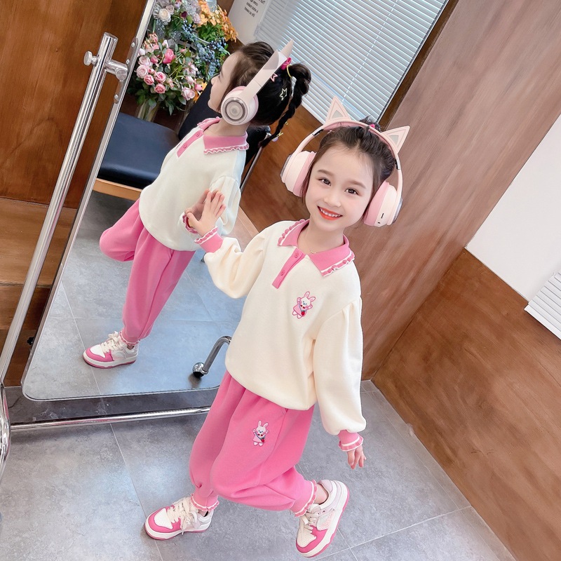Đồ bộ bé gái, bộ nỉ thu đông bé gái hình Thỏ Cổ Trụ, bộ dài tay bé gái size đại