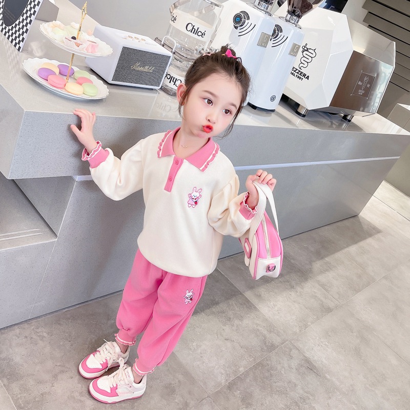 Đồ bộ bé gái, bộ nỉ thu đông bé gái hình Thỏ Cổ Trụ, bộ dài tay bé gái size đại