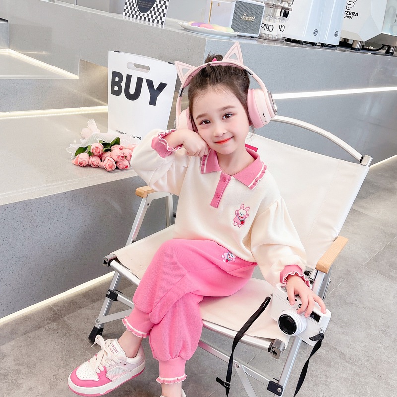 Đồ bộ bé gái, bộ nỉ thu đông bé gái hình Thỏ Cổ Trụ, bộ dài tay bé gái size đại
