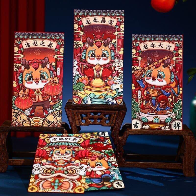 Set 6 bao lì xì rồng may mắn mẫu mới 2024, bao lì xì Tết hot nhất
