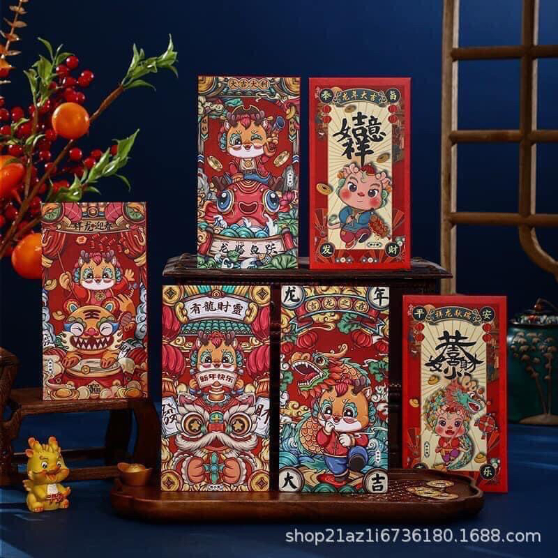 Set 6 bao lì xì rồng may mắn mẫu mới 2024, bao lì xì Tết hot nhất