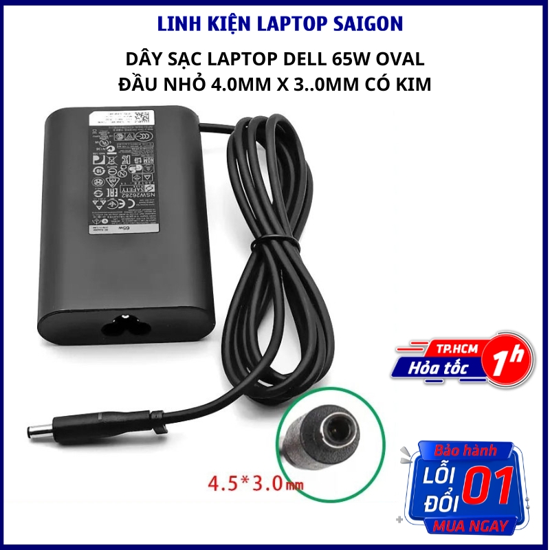 Dây Sạc Laptop Dell 65w Oval Kim nhỏ 4.5mm 3.0mm Sạc Dell Oval Chữ Nhật 65w Chân Kim Nhỏ