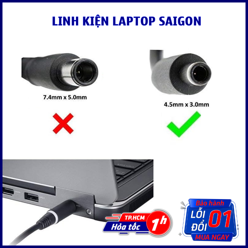 Dây Sạc Laptop Dell 65w Oval Kim nhỏ 4.5mm 3.0mm Sạc Dell Oval Chữ Nhật 65w Chân Kim Nhỏ