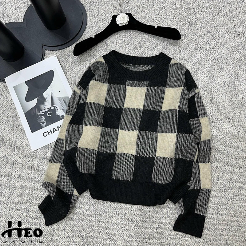 Áo len kẻ caro dài tay dáng ngắn ulzzang cho nữ