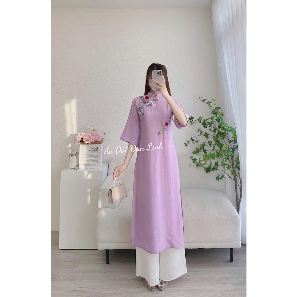 Áo dài cách tân màu tím kết hoa thủ công - Áo Dài Đan Linh