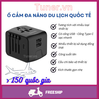 Ổ cắm du lich đa năng quốc tế, tích hợp cổng USB, Type C , chuyển đổi, Âu, Mỹ, Úc, Nhật, Trung Quốc, Sạc nhanh, Nhỏ gọn.
