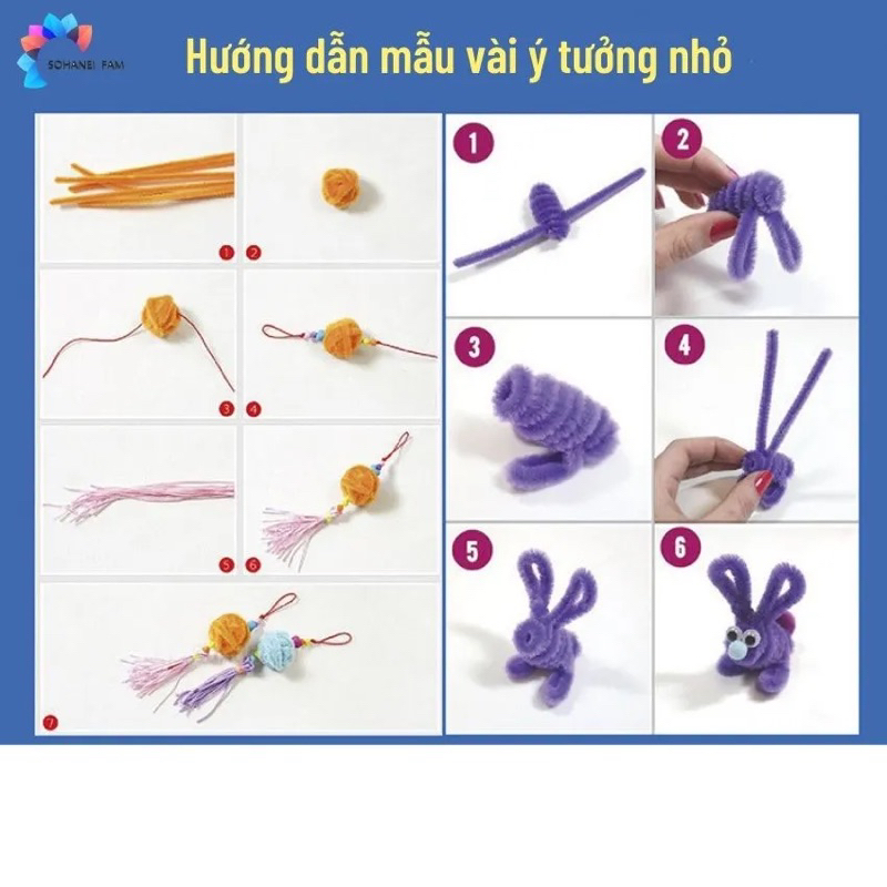 Bộ 100 Que Xoắn Lông Tạo Hình Pompom Nhiều Màu Sắc