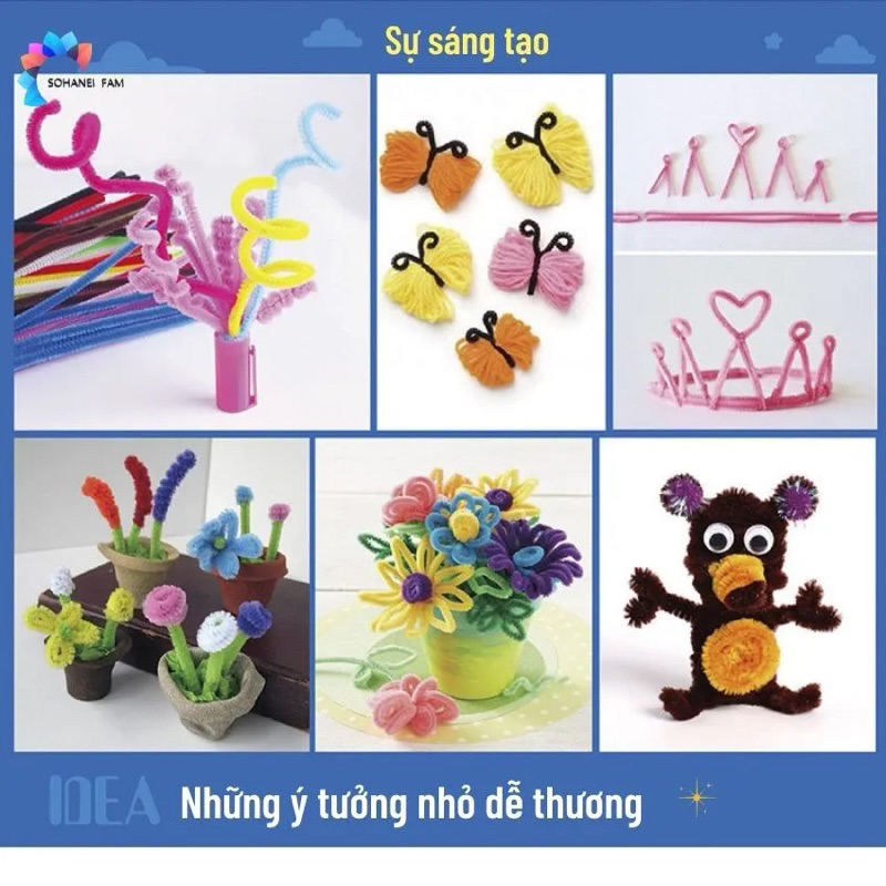 Bộ 100 Que Xoắn Lông Tạo Hình Pompom Nhiều Màu Sắc