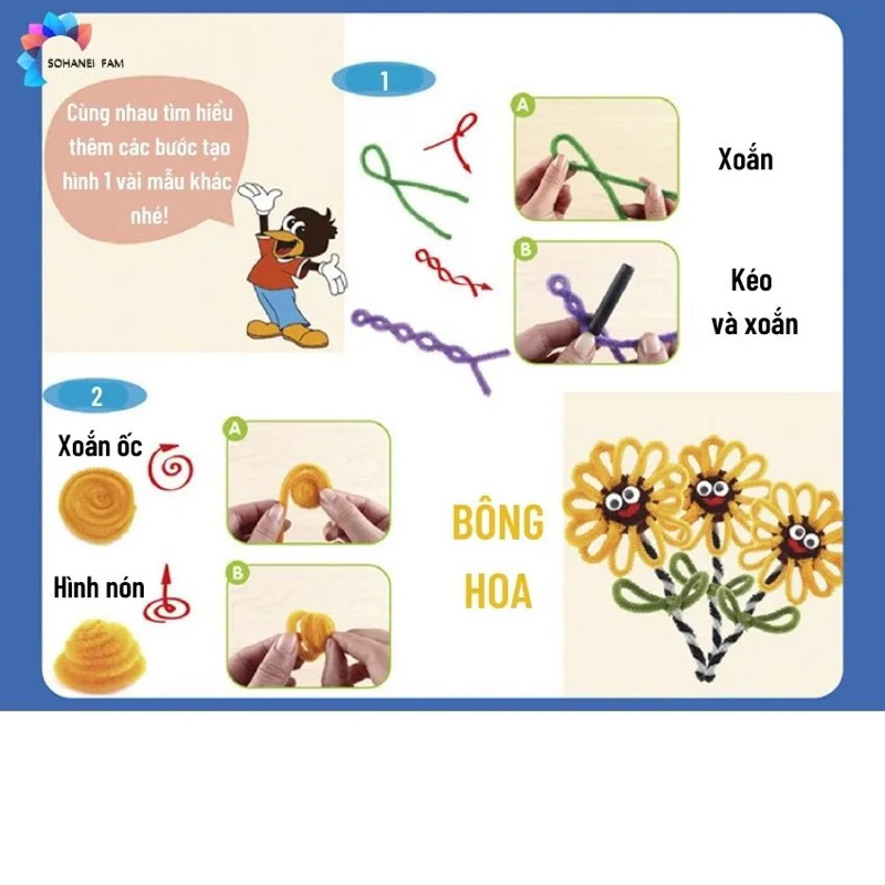 Bộ 100 Que Xoắn Lông Tạo Hình Pompom Nhiều Màu Sắc