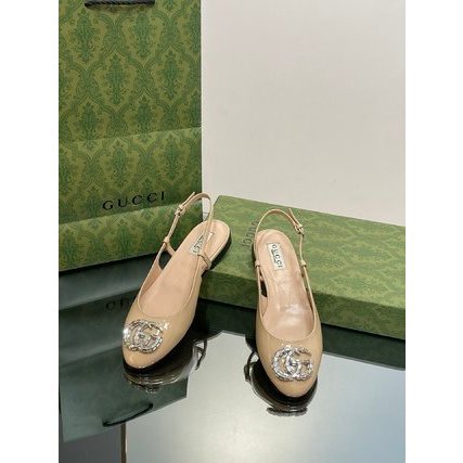 Xăng đan nữ da thật mũi tròn GC GG Gucci khoá double G đính đá lấp lánh