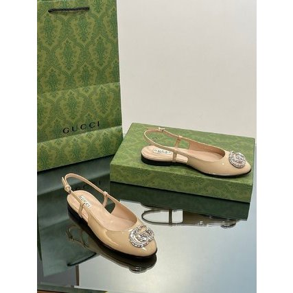 Xăng đan nữ da thật mũi tròn GC GG Gucci khoá double G đính đá lấp lánh